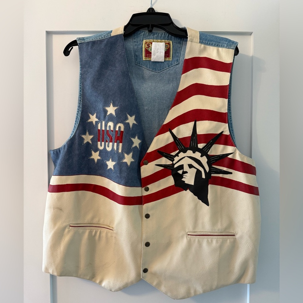 Vintage USA Jean & Leather Vest – Size XL | Statue of Liberty & Stars Design